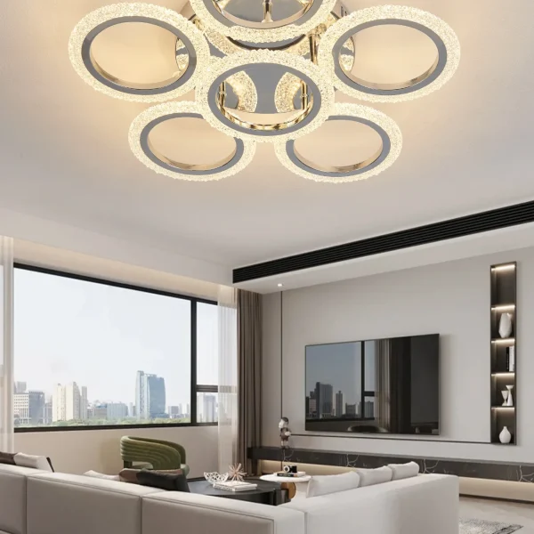 LED Csillár, DM Living, DQ001/5+1 Modell, Távirányítóval, 3 Fényfunkcióval, Állítható Fényerő, 96W, Ezüst
