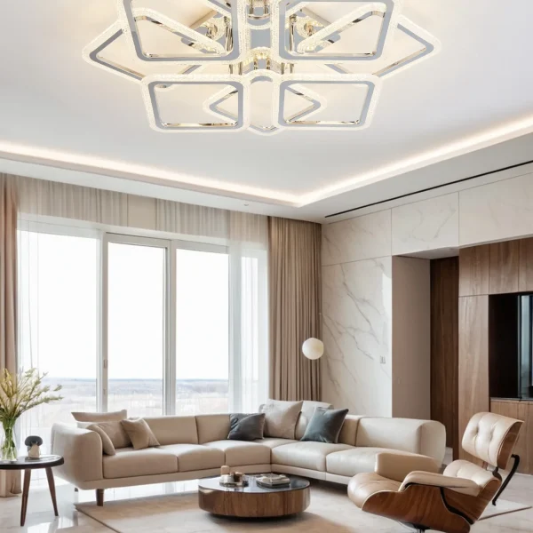 LED Csillár, DM Living, DQ017/4+4 Modell, Távirányítóval, 3 Fényfunkcióval, Állítható Fényerő, 240W, Ezüst